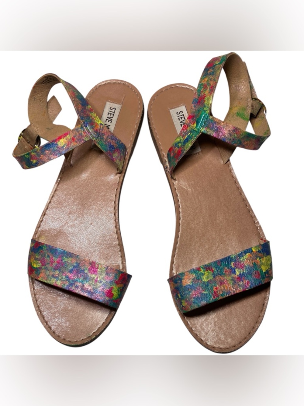Steve Madden colorful iridescent rainbow abstract splatter sandals rave festival